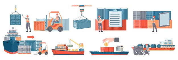 Conjunto de iconos planos de barcos comerciales de transporte de agua de entrega y equipo para transbordo de carga ilustración vectorial aislada