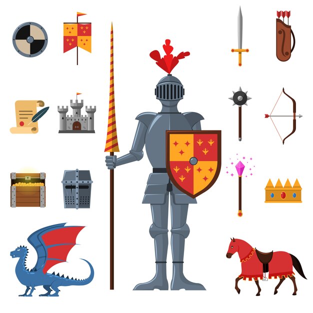 Conjunto de iconos planos de caballeros del reino medieval