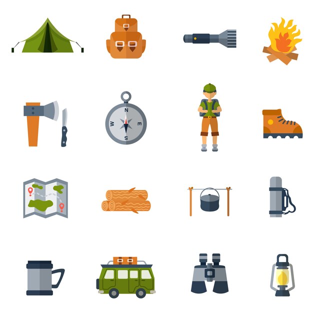 Conjunto de iconos planos de camping