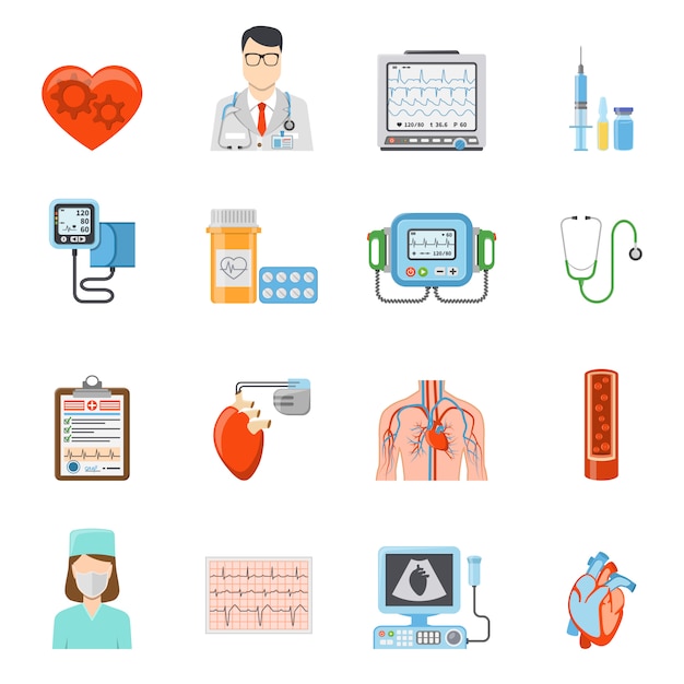 Vector gratuito conjunto de iconos planos de cardiología