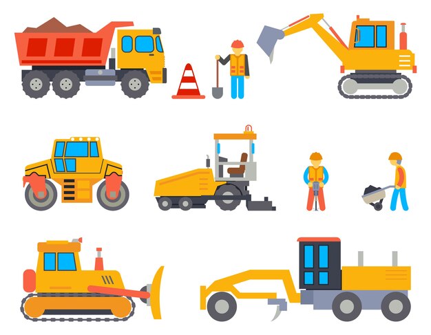 Conjunto de iconos planos de carretera en construcción. Industria del automóvil, obras viales, máquinas y pavimentadoras, transporte industrial, ilustración vectorial