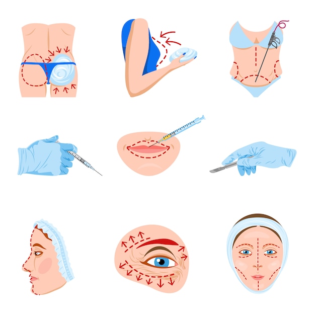 Conjunto de iconos planos de cirugía plástica