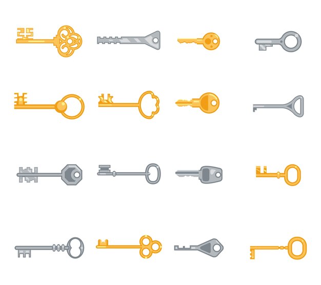 Conjunto de iconos planos clave. Seguridad y accesos, personal metálico antiguo. Ilustración vectorial