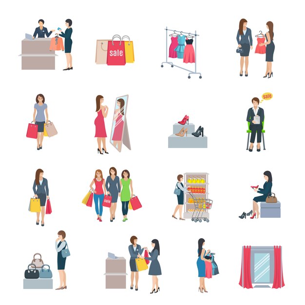 El conjunto de iconos planos del color que representan a mujer que hace compras selección de ropa calza el bolso en tienda