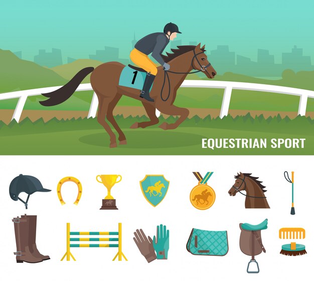 Conjunto de iconos planos de colores que muestran equipo jockey y deporte ecuestre