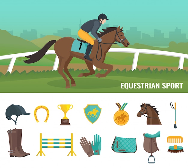 Conjunto de iconos planos de colores que muestran equipo jockey y deporte ecuestre
