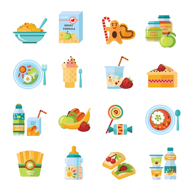 Conjunto de iconos planos de comida de bebé infantil