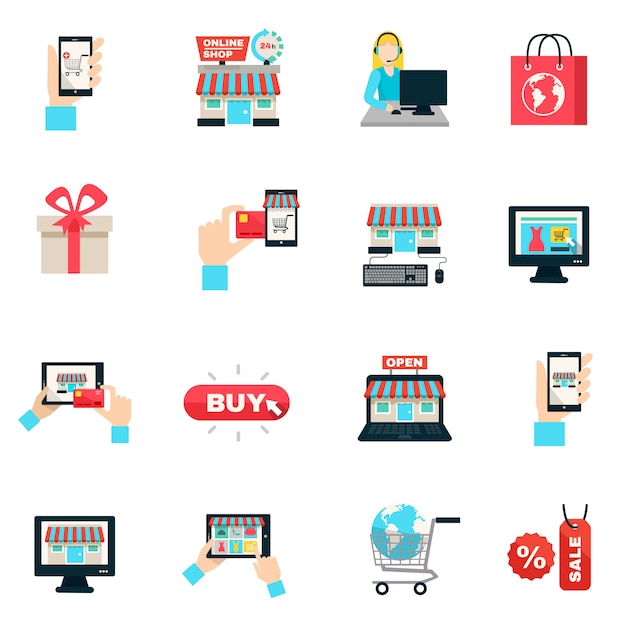Vector gratuito conjunto de iconos planos de compras en internet