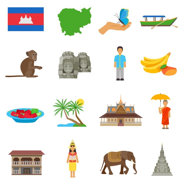Conjunto de iconos planos de cultura de Camboya