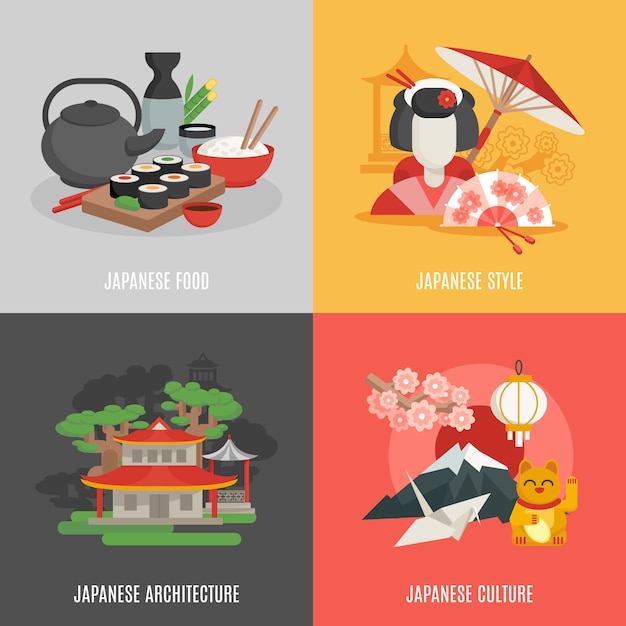 Vector gratuito conjunto de iconos planos de cultura japonesa