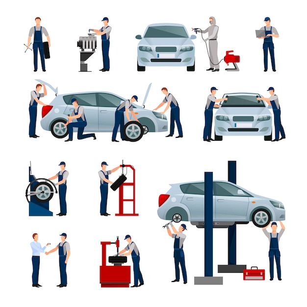Vector gratuito conjunto de iconos planos de diferentes trabajadores en coche