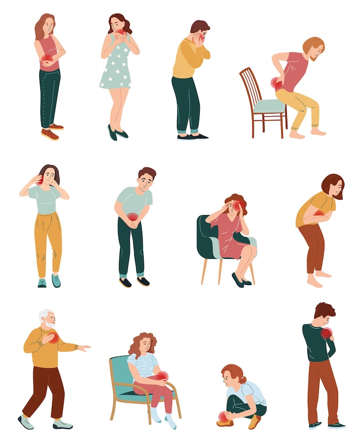Vector gratuito conjunto de iconos planos de dolor físico y lesiones de personajes humanos aislados que tienen varios tipos de ilustraciones de vectores de dolor