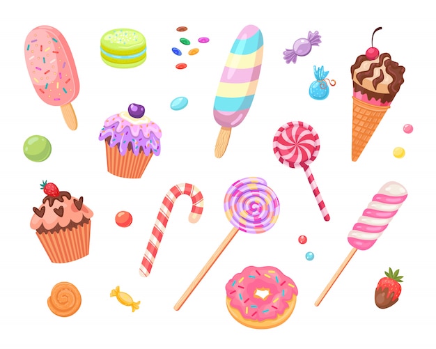 Conjunto de iconos planos dulces y pasteles