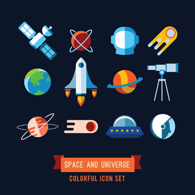 Conjunto de iconos planos e ilustraciones. Planetas, Cohetes, Estrellas