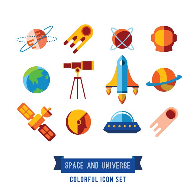 Conjunto de iconos planos e ilustraciones. Planetas, Cohetes, Estrellas