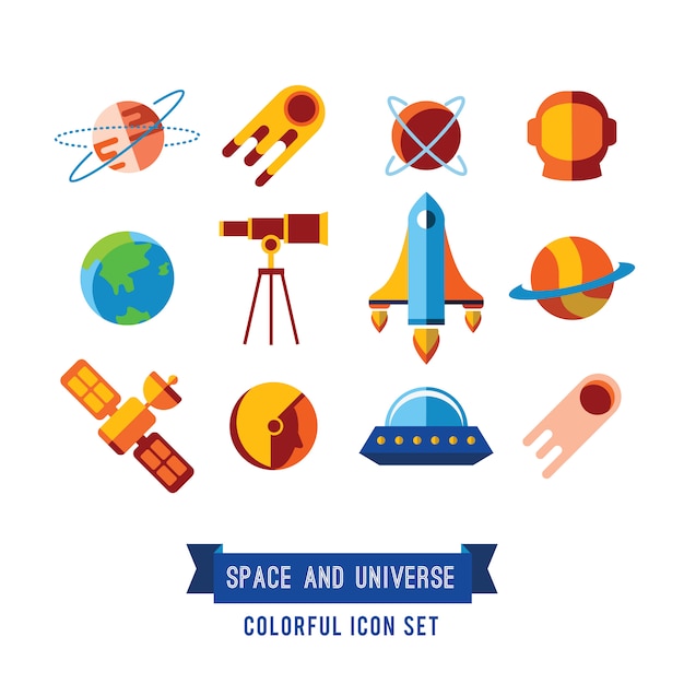 Conjunto de iconos planos e ilustraciones. Planetas, Cohetes, Estrellas