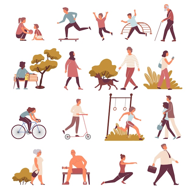 Conjunto de iconos planos e imágenes aisladas de la ciudad con personas de diferentes edades caminando en la ilustración del vector del parque