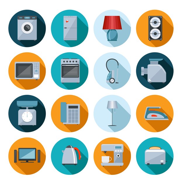 Conjunto de iconos planos de electrodomésticos en coloridos botones web redondos con una lavadora