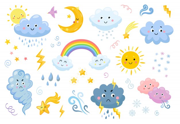 Conjunto de iconos planos de emoticon del tiempo