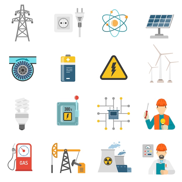 Conjunto de iconos planos de energía energía