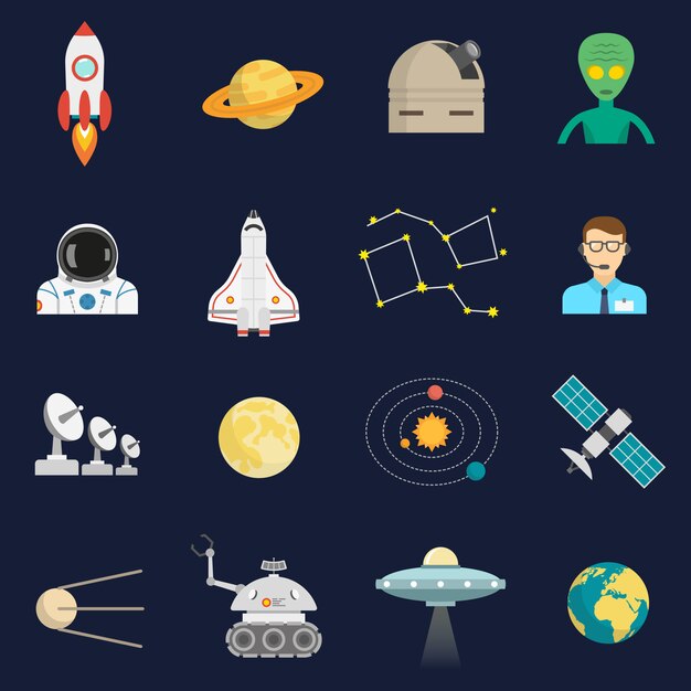 Conjunto de iconos planos de espacio cosmos