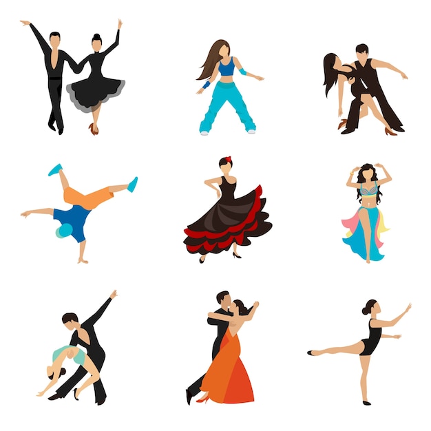 Conjunto de iconos planos de estilos de baile. Pareja de baile de vals, ejecutante de tango, mujer y hombre.