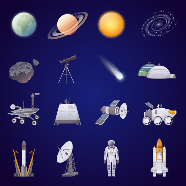 Conjunto de iconos planos de exploración espacial