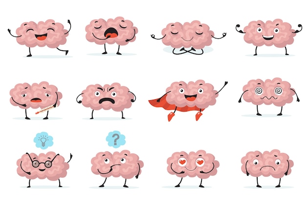 Conjunto de iconos planos de expresión de carácter inteligente lindo. cerebro de dibujos animados con emociones aisladas colección de ilustraciones vectoriales. concepto de capacidad intelectual, mente e inteligencia