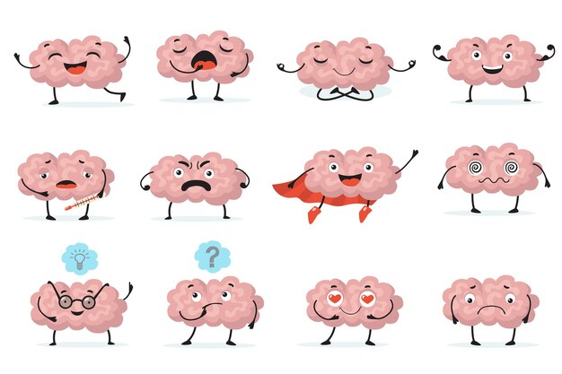 Conjunto de iconos planos de expresión de carácter inteligente lindo. Cerebro de dibujos animados con emociones aisladas colección de ilustraciones vectoriales. Concepto de capacidad intelectual, mente e inteligencia