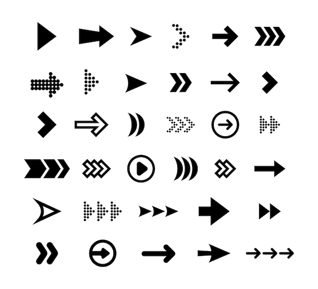 Conjunto de iconos planos de flechas negras grandes. Cursores simples abstractos modernos, punteros y botones de dirección colección de ilustraciones vectoriales. Diseño web y concepto de elementos gráficos digitales.