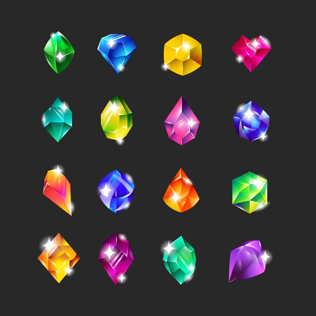 Conjunto de iconos planos de gemas multicolores reales