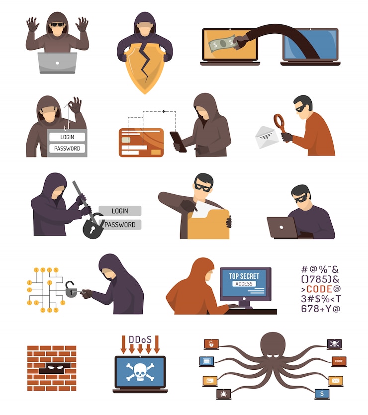 Vector gratuito conjunto de iconos planos de hackers de seguridad de internet