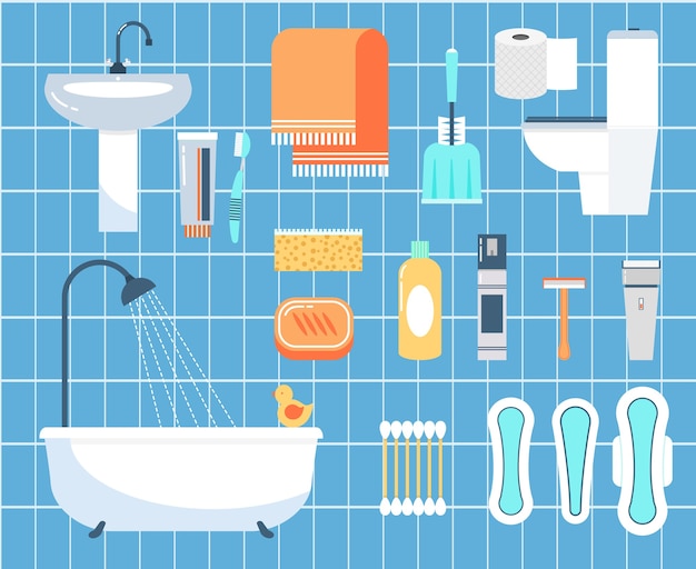 Vector gratuito conjunto de iconos planos de higiene personal. palo de oreja, navaja y cepillo, servilleta y baño