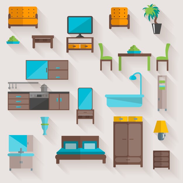 Conjunto de iconos planos hogar muebles