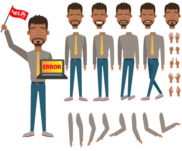 Conjunto de iconos planos de hombre de negocios con ordenador portátil