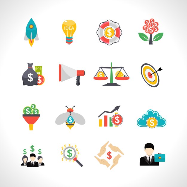 Conjunto de iconos planos de inicio crowdfunding