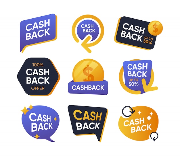 Conjunto de iconos planos de insignias de devolución de dinero