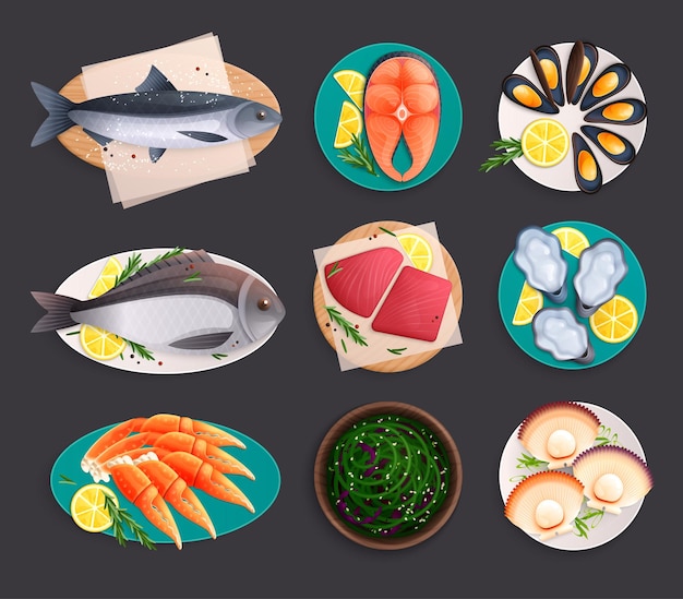 Vector gratuito conjunto de iconos planos de mariscos aislados con imágenes de platos servidos con rodajas de limón e ilustración vectorial de pescado