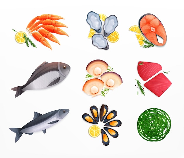 Vector gratuito conjunto de iconos planos de mariscos aislados con pescado maduro y platos preparados con algas e ilustraciones de vectores de limón