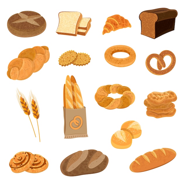 Conjunto de iconos planos de pan fresco