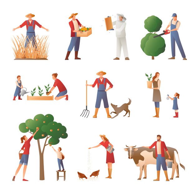 Conjunto de iconos planos de personas en la agricultura