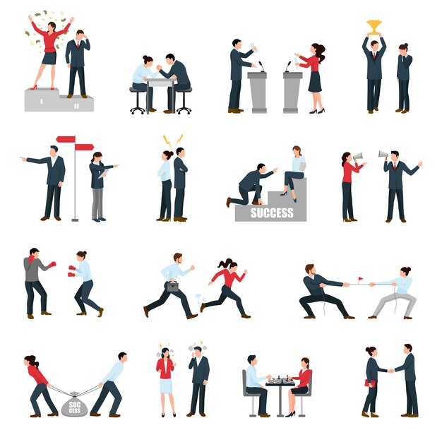 Conjunto de iconos planos personas de confrontación de negocios