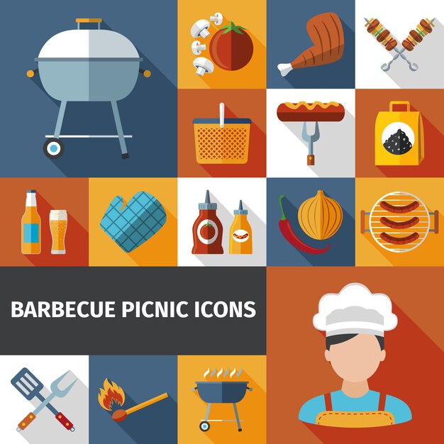 Conjunto de iconos planos de picnic barbacoa