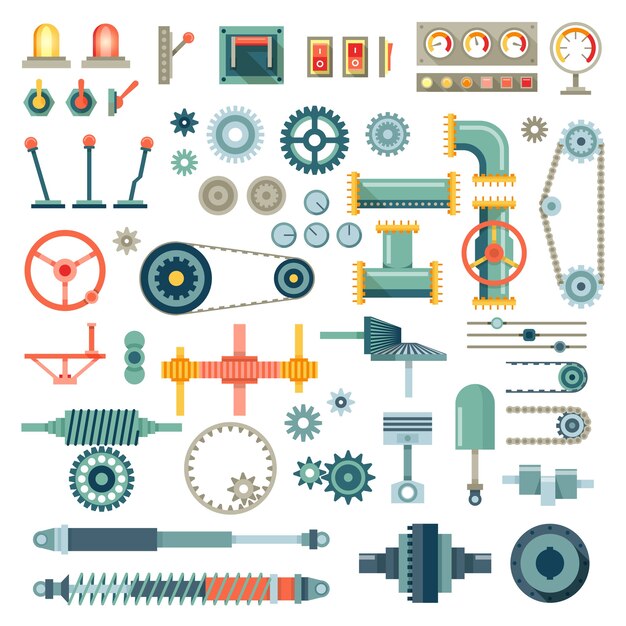 Conjunto de iconos planos de piezas de maquinaria. Mecánico de engranajes, pieza de equipo, mecánico de motor técnico industrial