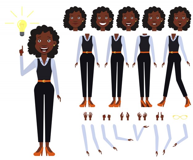 Conjunto de iconos planos de puntos de vista negro mujer de negocios, poses y emociones