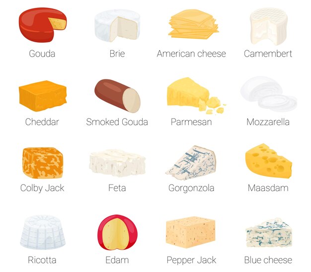 Conjunto de iconos planos de queso con gouda brie queso americano camembert cheddar smocked gouda parmesano mozarella colby jack feta gorgonzola maasdam ricotta edam pepper jack quesos azules ilustración vectorial