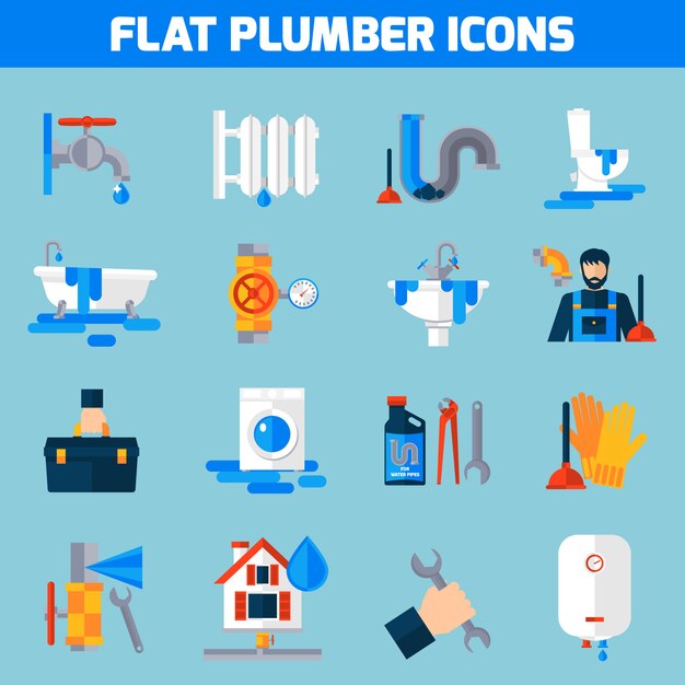 Conjunto de iconos planos de servicio de fontanero