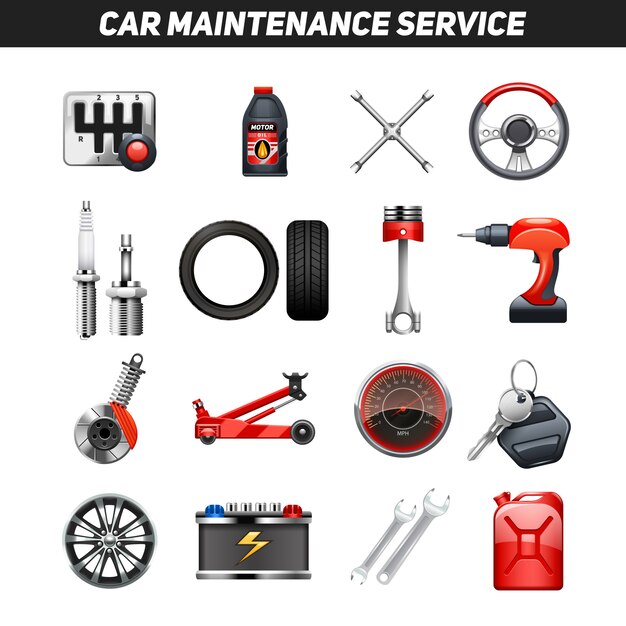 Conjunto de iconos planos de servicio de mantenimiento de coche