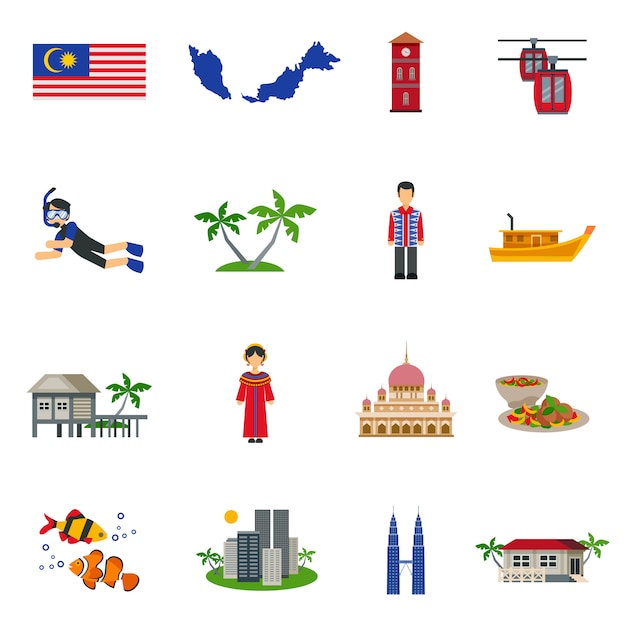 Vector gratuito conjunto de iconos planos de símbolos de la cultura de malasia