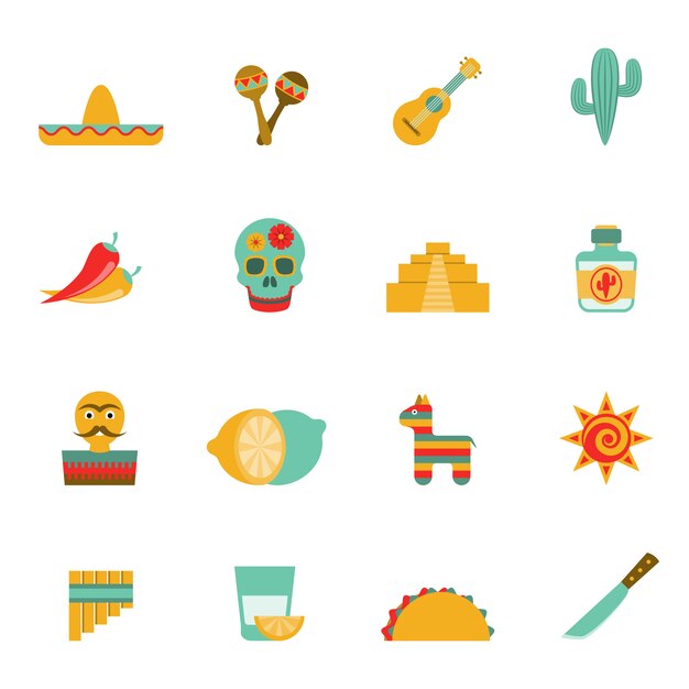 Conjunto de iconos planos de símbolos de la cultura mexicana